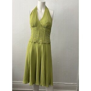 90s Y2K Carmen Marc Valvo Lime Green Cocktail Dress Size S Halter Party Silk